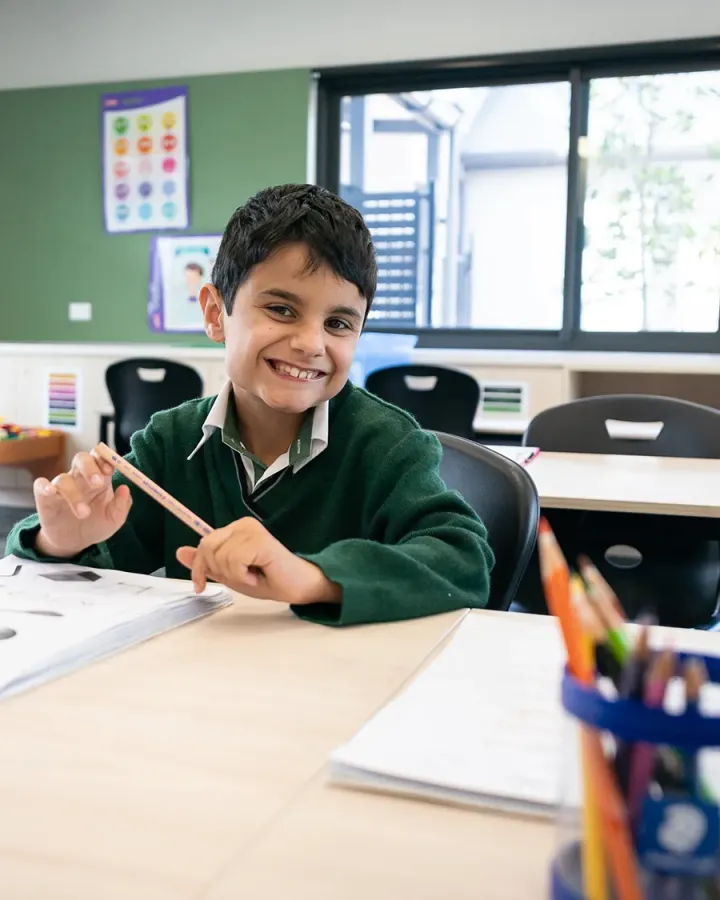 Junior school student smiling in classroom 